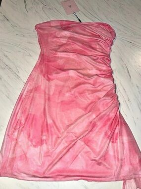 Hello Molly Cutout Shoulder Ruched Mesh Mini Dress in Pink Large